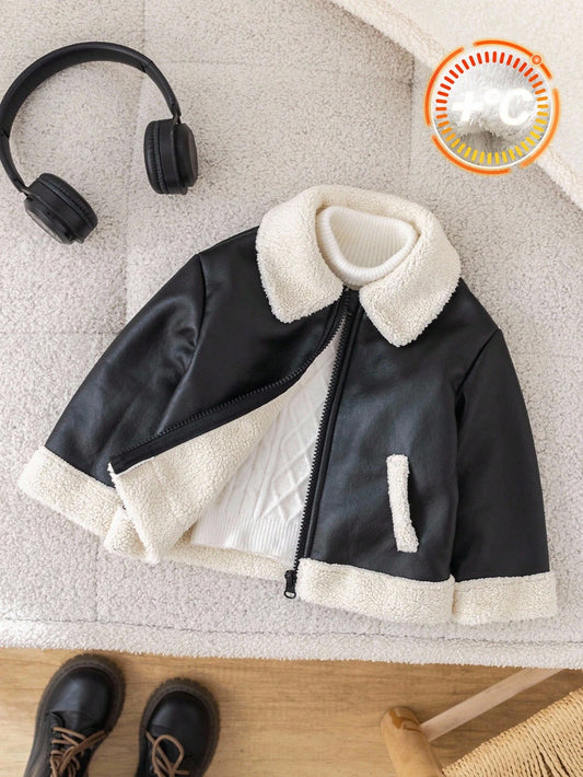 SHEIN Veste d'hiver mignonne en PU noir pour bébé garçon et fille, manteau d'automne matelassé épais en polaire, veste de moto, vêtements décontractés de mode à couleurs contrastées pour rendez-vous