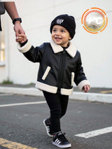 SHEIN Veste d'hiver mignonne en PU noir pour bébé garçon et fille, manteau d'automne matelassé épais en polaire, veste de moto, vêtements décontractés de mode à couleurs contrastées pour rendez-vous