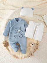 Souflis Souflis Ensemble de 3 pièces de vêtements mignons pour bébé garçon automne/hiver, combinaison à capuche bleu aqua avec gilet blanc, pyjama en polaire douce avec broderie d'ours, assorti pour la famille à la maison