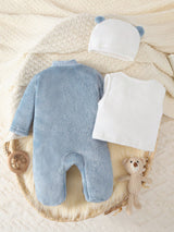 Souflis Souflis Ensemble de 3 pièces de vêtements mignons pour bébé garçon automne/hiver, combinaison à capuche bleu aqua avec gilet blanc, pyjama en polaire douce avec broderie d'ours, assorti pour la famille à la maison