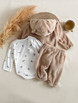 SHEIN Ensemble 3 pièces pour bébé garçon : veste à capuche avec oreilles d'ours marron, barboteuse blanche et pantalon en fourrure, tenue mignonne d'automne-hiver, assortie pour la famille, vêtements décontractés polyvalents