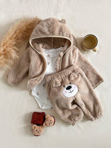 SHEIN Ensemble 3 pièces pour bébé garçon : veste à capuche avec oreilles d'ours marron, barboteuse blanche et pantalon en fourrure, tenue mignonne d'automne-hiver, assortie pour la famille, vêtements décontractés polyvalents