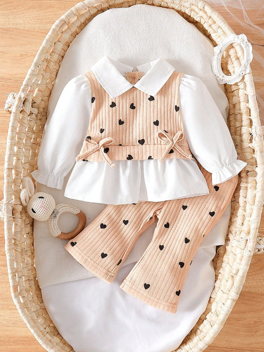 2 pièces/Ensemble Tenue décontractée et mignonne pour bébé fille nouveau-né, Top à col avec blocs de couleurs et pantalon en tricot ample, assortiment familial automne noir, blanc et beige