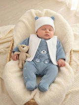 Souflis Souflis Ensemble de 3 pièces de vêtements mignons pour bébé garçon automne/hiver, combinaison à capuche bleu aqua avec gilet blanc, pyjama en polaire douce avec broderie d'ours, assorti pour la famille à la maison
