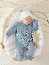 Souflis Souflis Ensemble de 3 pièces de vêtements mignons pour bébé garçon automne/hiver, combinaison à capuche bleu aqua avec gilet blanc, pyjama en polaire douce avec broderie d'ours, assorti pour la famille à la maison