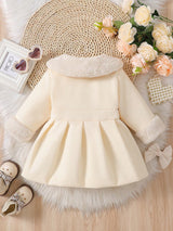 Souflis Souflis Manteau de robe d'anniversaire élégante d'hiver blanc pour bébé fille. Veste à ligne A en mélange de laine avec col bouffant, nœud 3D et manches longues. Tenue de princesse chaude et de couleur unie
