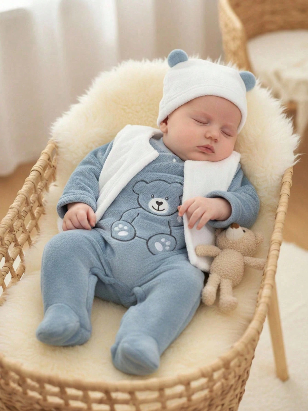 Souflis Souflis Ensemble de 3 pièces de vêtements mignons pour bébé garçon automne/hiver, combinaison à capuche bleu aqua avec gilet blanc, pyjama en polaire douce avec broderie d'ours, assorti pour la famille à la maison