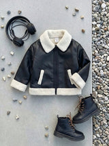 SHEIN Veste d'hiver mignonne en PU noir pour bébé garçon et fille, manteau d'automne matelassé épais en polaire, veste de moto, vêtements décontractés de mode à couleurs contrastées pour rendez-vous