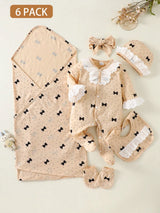 SHEIN Ensemble cadeau 6 pièces pour bébé fille nouveau-né, style mignon assorti avec imprimé nœud, dentelle et pois, barboteuse, chapeau, bavoir, bandeau, moufles, couverture, beige automne familial