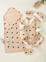SHEIN Ensemble cadeau 6 pièces pour bébé fille nouveau-né, style mignon assorti avec imprimé nœud, dentelle et pois, barboteuse, chapeau, bavoir, bandeau, moufles, couverture, beige automne familial