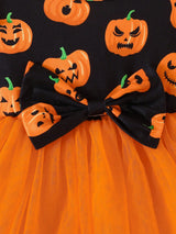 Halloween Girls Pumpkin Pattern Long Sleeve Mesh Dress Little Girls Holiday Party Princess Dress