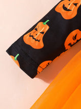 Halloween Girls Pumpkin Pattern Long Sleeve Mesh Dress Little Girls Holiday Party Princess Dress