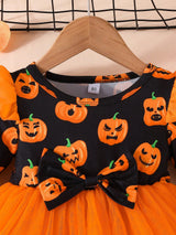 Halloween Girls Pumpkin Pattern Long Sleeve Mesh Dress Little Girls Holiday Party Princess Dress