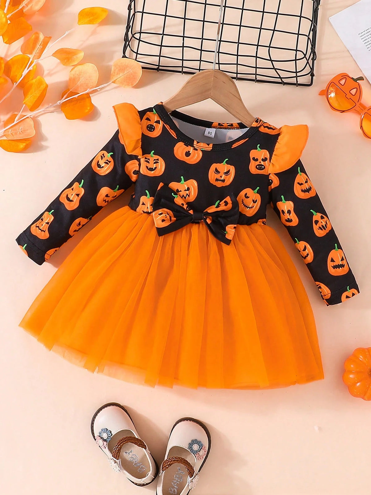 Halloween Girls Pumpkin Pattern Long Sleeve Mesh Dress Little Girls Holiday Party Princess Dress