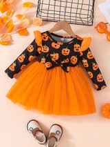 Halloween Girls Pumpkin Pattern Long Sleeve Mesh Dress Little Girls Holiday Party Princess Dress