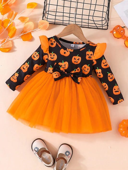 Halloween Girls Pumpkin Pattern Long Sleeve Mesh Dress Little Girls Holiday Party Princess Dress