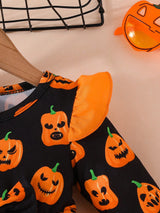 Halloween Girls Pumpkin Pattern Long Sleeve Mesh Dress Little Girls Holiday Party Princess Dress