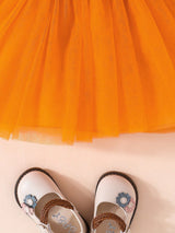 Halloween Girls Pumpkin Pattern Long Sleeve Mesh Dress Little Girls Holiday Party Princess Dress