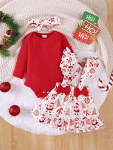BrownBark 3 pièces/Ensemble Bébé Fille Automne Mignon Noël Body à Manches Longues Côtelé, Barboteuse à Manches Longues Côtelée de Couleur Unie, Jupe à Bretelles avec Imprimé Père Noël et Manches Volantes et Bandeau, Ensemble Tenue Décontractée pour Noël, Vacances et Premier Anniversaire du Bébé