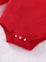 BrownBark 3 pièces/Ensemble Bébé Fille Automne Mignon Noël Body à Manches Longues Côtelé, Barboteuse à Manches Longues Côtelée de Couleur Unie, Jupe à Bretelles avec Imprimé Père Noël et Manches Volantes et Bandeau, Ensemble Tenue Décontractée pour Noël, Vacances et Premier Anniversaire du Bébé