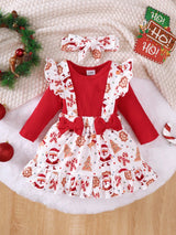 BrownBark 3 pièces/Ensemble Bébé Fille Automne Mignon Noël Body à Manches Longues Côtelé, Barboteuse à Manches Longues Côtelée de Couleur Unie, Jupe à Bretelles avec Imprimé Père Noël et Manches Volantes et Bandeau, Ensemble Tenue Décontractée pour Noël, Vacances et Premier Anniversaire du Bébé
