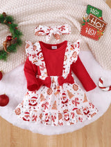 BrownBark 3 pièces/Ensemble Bébé Fille Automne Mignon Noël Body à Manches Longues Côtelé, Barboteuse à Manches Longues Côtelée de Couleur Unie, Jupe à Bretelles avec Imprimé Père Noël et Manches Volantes et Bandeau, Ensemble Tenue Décontractée pour Noël, Vacances et Premier Anniversaire du Bébé