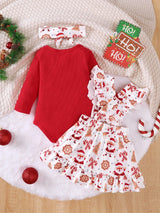 BrownBark 3 pièces/Ensemble Bébé Fille Automne Mignon Noël Body à Manches Longues Côtelé, Barboteuse à Manches Longues Côtelée de Couleur Unie, Jupe à Bretelles avec Imprimé Père Noël et Manches Volantes et Bandeau, Ensemble Tenue Décontractée pour Noël, Vacances et Premier Anniversaire du Bébé