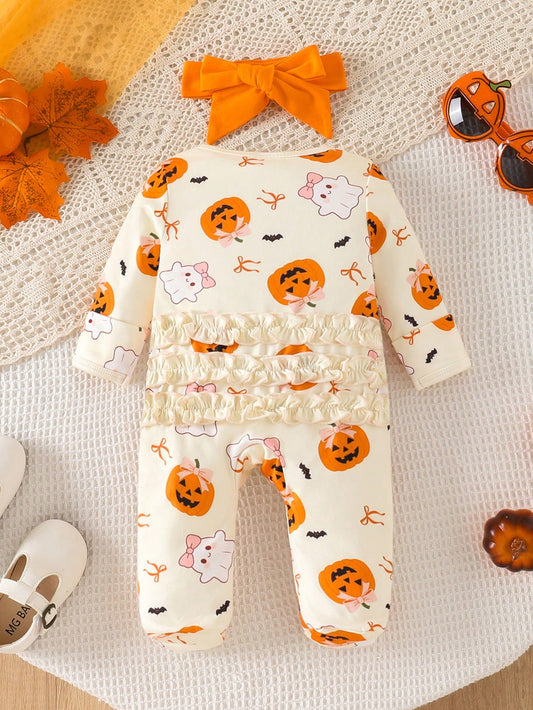 1 pièce Barboteuse imprimée à manches longues douce et confortable pour bébé fille nouveau-né avec bandeau, fine pour le printemps et l'automne