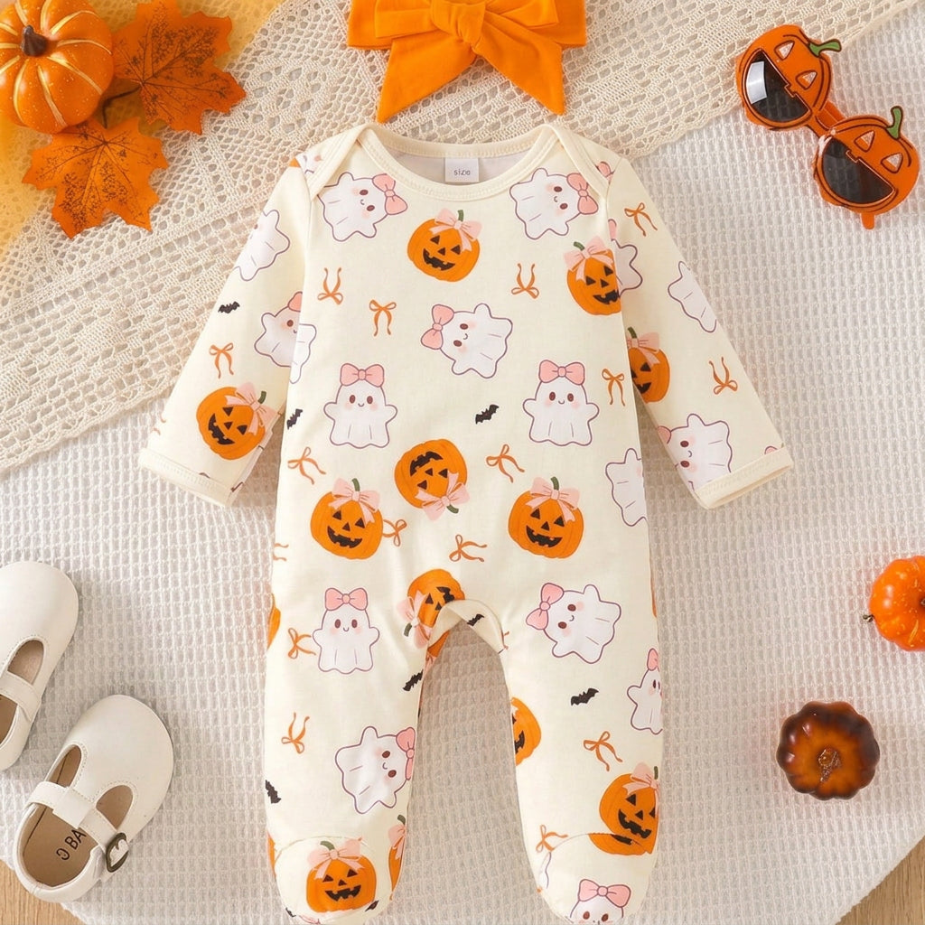 1 pièce Barboteuse imprimée à manches longues douce et confortable pour bébé fille nouveau-né avec bandeau, fine pour le printemps et l'automne