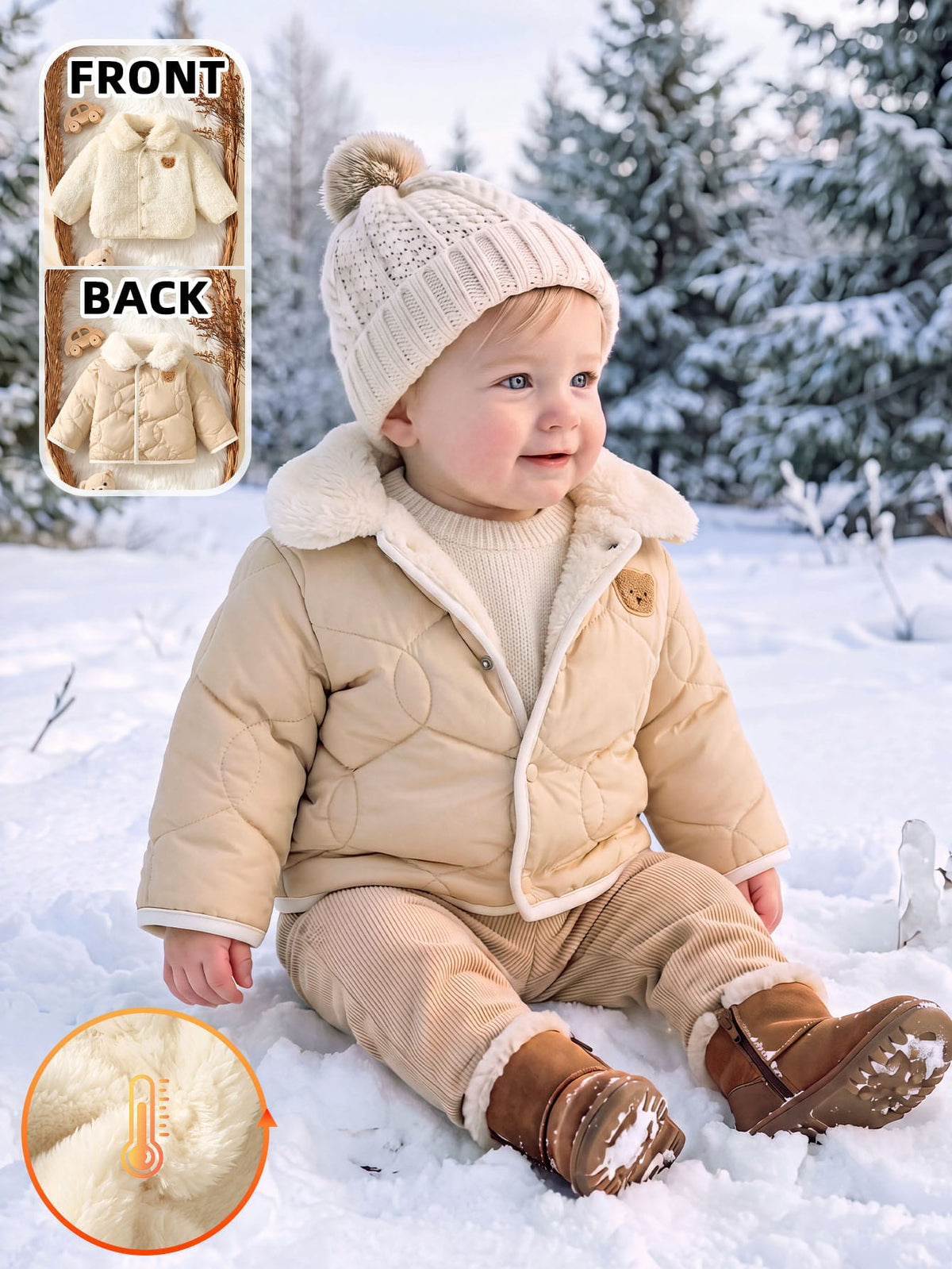 SHEIN 1 pièce Veste matelassée en polaire pour nouveau-né et tout-petit fille et garçon, beige doux avec patch ours, col en fourrure, manches longues, col à revers, épaisse, vêtement d'extérieur pour l'hiver et l'automne