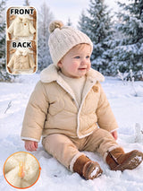 SHEIN 1 pièce Veste matelassée en polaire pour nouveau-né et tout-petit fille et garçon, beige doux avec patch ours, col en fourrure, manches longues, col à revers, épaisse, vêtement d'extérieur pour l'hiver et l'automne