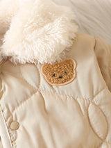 SHEIN 1 pièce Veste matelassée en polaire pour nouveau-né et tout-petit fille et garçon, beige doux avec patch ours, col en fourrure, manches longues, col à revers, épaisse, vêtement d'extérieur pour l'hiver et l'automne