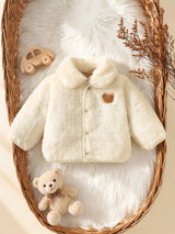 SHEIN 1 pièce Veste matelassée en polaire pour nouveau-né et tout-petit fille et garçon, beige doux avec patch ours, col en fourrure, manches longues, col à revers, épaisse, vêtement d'extérieur pour l'hiver et l'automne