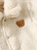 SHEIN 1 pièce Veste matelassée en polaire pour nouveau-né et tout-petit fille et garçon, beige doux avec patch ours, col en fourrure, manches longues, col à revers, épaisse, vêtement d'extérieur pour l'hiver et l'automne