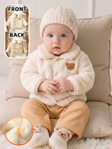 SHEIN 1 pièce Veste matelassée en polaire pour nouveau-né et tout-petit fille et garçon, beige doux avec patch ours, col en fourrure, manches longues, col à revers, épaisse, vêtement d'extérieur pour l'hiver et l'automne