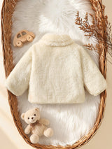 SHEIN 1 pièce Veste matelassée en polaire pour nouveau-né et tout-petit fille et garçon, beige doux avec patch ours, col en fourrure, manches longues, col à revers, épaisse, vêtement d'extérieur pour l'hiver et l'automne