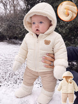 SHEIN 2 pièces Ensemble de veste matelassée pour nouveau-nés filles et garçons, mignon et doux, avec patch ours crème, matelassé, doux, manches longues, capuche, épais, pour l'extérieur, hiver et automne, en peluche