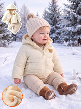 SHEIN 2 pièces Ensemble de veste matelassée pour nouveau-nés filles et garçons, mignon et doux, avec patch ours crème, matelassé, doux, manches longues, capuche, épais, pour l'extérieur, hiver et automne, en peluche