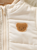 SHEIN 2 pièces Ensemble de veste matelassée pour nouveau-nés filles et garçons, mignon et doux, avec patch ours crème, matelassé, doux, manches longues, capuche, épais, pour l'extérieur, hiver et automne, en peluche