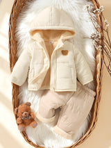 SHEIN 2 pièces Ensemble de veste matelassée pour nouveau-nés filles et garçons, mignon et doux, avec patch ours crème, matelassé, doux, manches longues, capuche, épais, pour l'extérieur, hiver et automne, en peluche