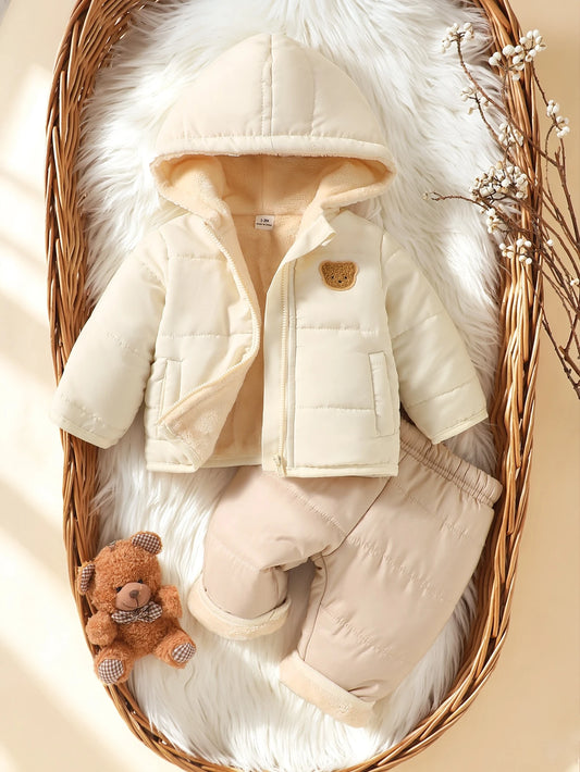 SHEIN 2 pièces Ensemble de veste matelassée pour nouveau-nés filles et garçons, mignon et doux, avec patch ours crème, matelassé, doux, manches longues, capuche, épais, pour l'extérieur, hiver et automne, en peluche