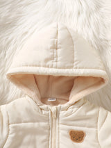 SHEIN 2 pièces Ensemble de veste matelassée pour nouveau-nés filles et garçons, mignon et doux, avec patch ours crème, matelassé, doux, manches longues, capuche, épais, pour l'extérieur, hiver et automne, en peluche