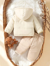 SHEIN 2 pièces Ensemble de veste matelassée pour nouveau-nés filles et garçons, mignon et doux, avec patch ours crème, matelassé, doux, manches longues, capuche, épais, pour l'extérieur, hiver et automne, en peluche