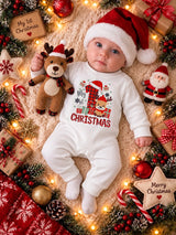 SHEIN 1 pièce Combinaison pour bébé fille nouveau-né, mignonne et douce, motif carreaux blanc et rouge avec renne, manches longues, col rond, coupe régulière, hiver, vacances, fermeture à boutons-pression