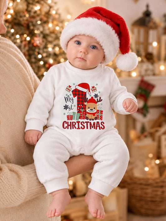 SHEIN 1 pièce Combinaison pour bébé fille nouveau-né, mignonne et douce, motif carreaux blanc et rouge avec renne, manches longues, col rond, coupe régulière, hiver, vacances, fermeture à boutons-pression