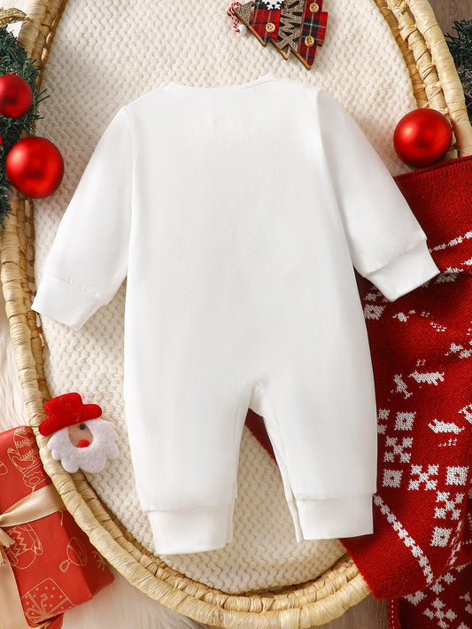 SHEIN 1 pièce Combinaison pour bébé fille nouveau-né, mignonne et douce, motif carreaux blanc et rouge avec renne, manches longues, col rond, coupe régulière, hiver, vacances, fermeture à boutons-pression