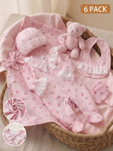 Ensemble 6 Pièces Vêtements Bébé Fille Barboteuse Bonnet et Bavoir