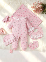 Ensemble 6 Pièces Vêtements Bébé Fille Barboteuse Bonnet et Bavoir