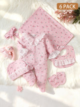 Ensemble 6 Pièces Vêtements Bébé Fille Barboteuse Bonnet et Bavoir