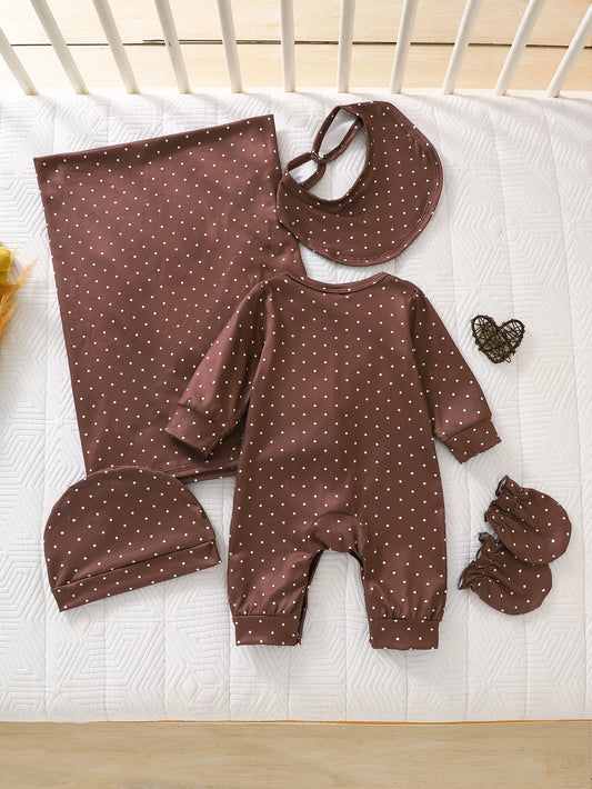 SHEIN Lot de 5 pour nouveau-nés filles : barboteuse, bonnet, bavoir, couverture et moufles, imprimé pois marron doux, devant à pressions, manches longues, col rond, style princesse douillet pour les fêtes d'automne et Halloween